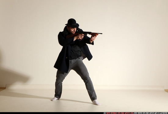 Man Adult Muscular White Fighting with submachine gun Moving poses Coat