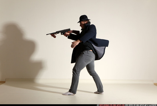 Man Adult Muscular White Fighting with submachine gun Moving poses Coat