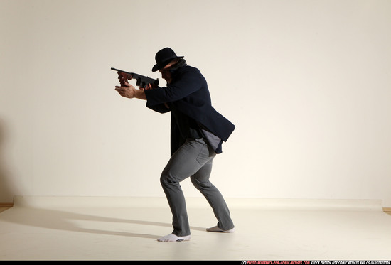 Man Adult Muscular White Fighting with submachine gun Moving poses Coat