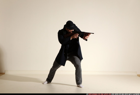 Man Adult Muscular White Fighting with submachine gun Moving poses Coat