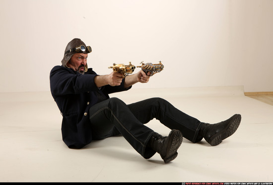 Man Old Average White Fighting with gun Sitting poses Casual