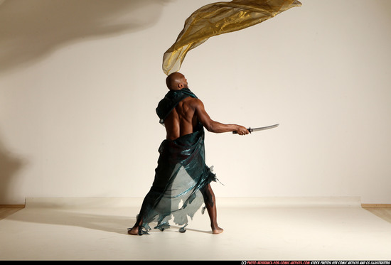 Man Adult Athletic Black Fighting with sword Moving poses Army