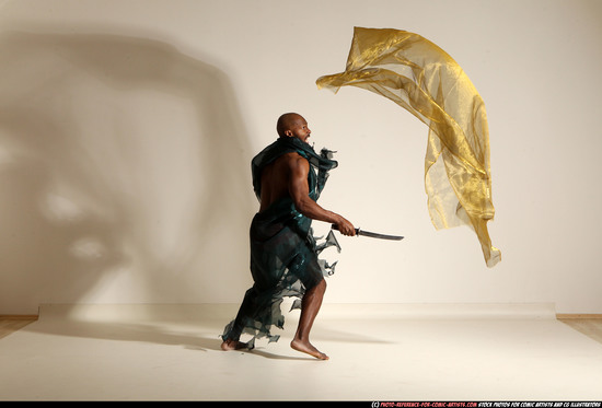 Man Adult Athletic Black Fighting with sword Moving poses Army