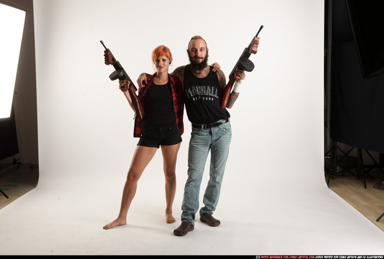 Man & Woman Adult Athletic White Fighting with submachine gun Standing poses Casual