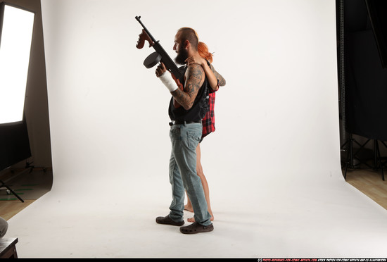 Man & Woman Adult Athletic White Fighting with submachine gun Standing poses Casual