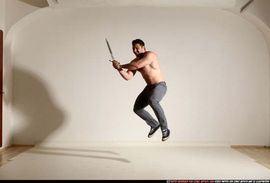 Man Adult Muscular White Fighting with sword Moving poses Casual