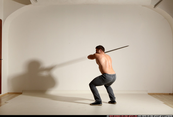 Man Adult Muscular White Fighting with sword Moving poses Casual