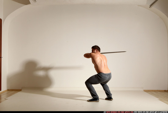 Man Adult Muscular White Fighting with sword Moving poses Casual