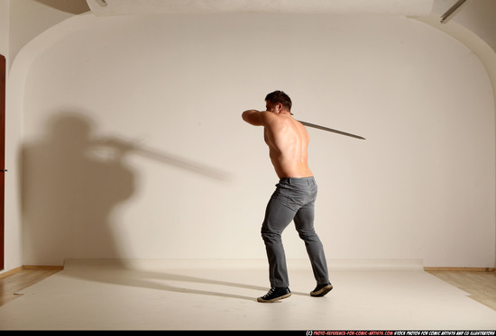 Man Adult Muscular White Fighting with sword Moving poses Casual