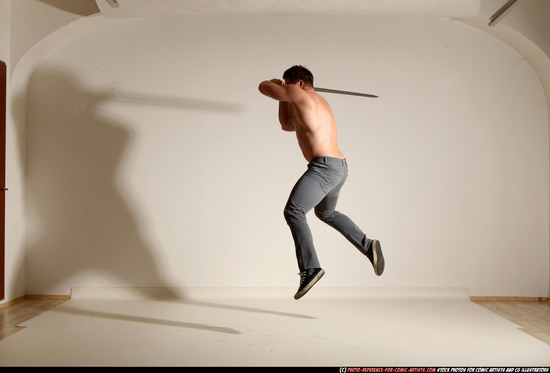 Man Adult Muscular White Fighting with sword Moving poses Casual