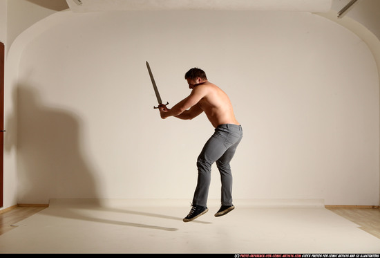 Man Adult Muscular White Fighting with sword Moving poses Casual