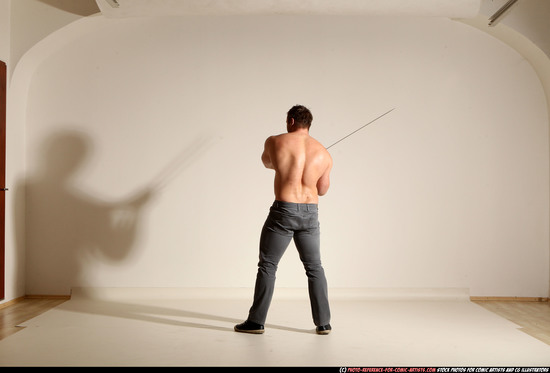 Man Adult Muscular White Fighting with sword Moving poses Casual