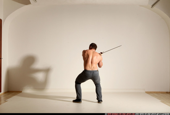 Man Adult Muscular White Fighting with sword Moving poses Casual