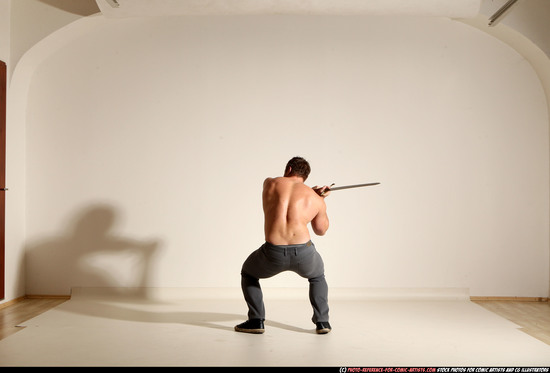 Man Adult Muscular White Fighting with sword Moving poses Casual