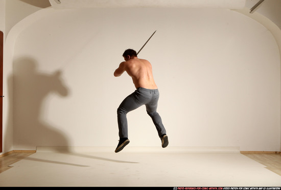 Man Adult Muscular White Fighting with sword Moving poses Casual