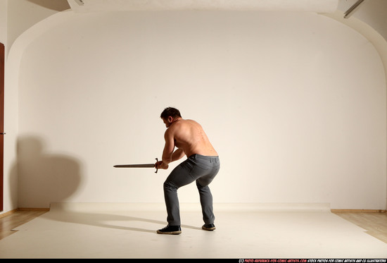 Man Adult Muscular White Fighting with sword Moving poses Casual