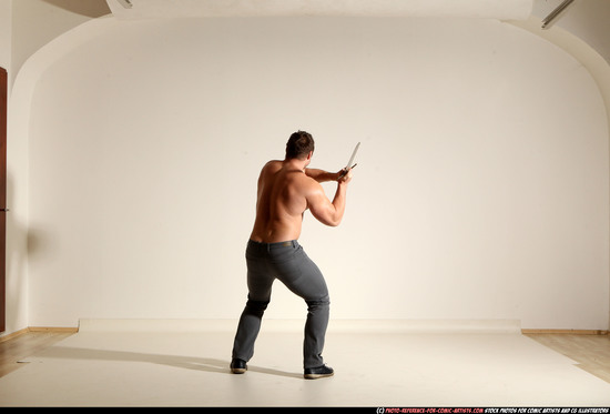 Man Adult Muscular White Fighting with sword Moving poses Casual