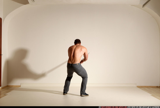 Man Adult Muscular White Fighting with sword Moving poses Casual