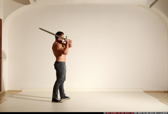 Man Adult Muscular White Fighting with sword Moving poses Casual