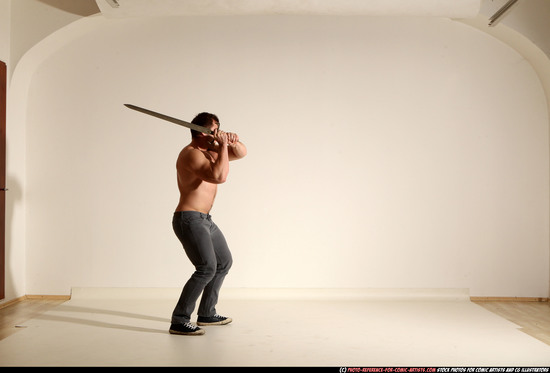 Man Adult Muscular White Fighting with sword Moving poses Casual