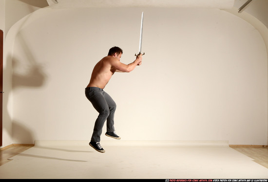 Man Adult Muscular White Fighting with sword Moving poses Casual