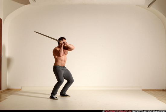 Man Adult Muscular White Fighting with sword Moving poses Casual