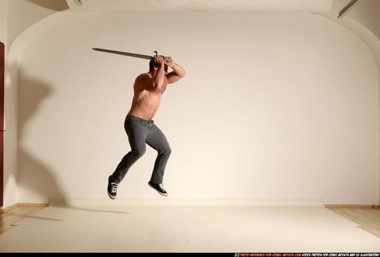 Man Adult Muscular White Fighting with sword Moving poses Casual