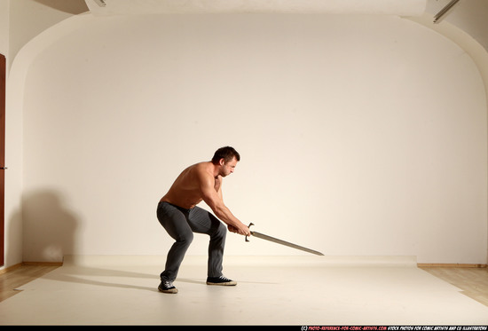 Man Adult Muscular White Fighting with sword Moving poses Casual