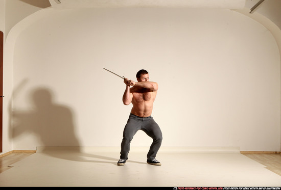 Man Adult Muscular White Fighting with sword Moving poses Casual