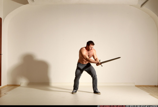 Man Adult Muscular White Fighting with sword Moving poses Casual