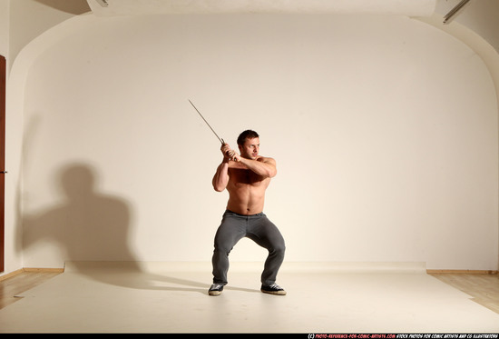 Man Adult Muscular White Fighting with sword Moving poses Casual