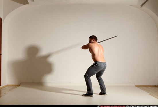 Man Adult Muscular White Fighting with sword Moving poses Casual