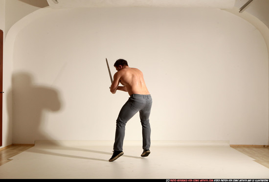 Man Adult Muscular White Fighting with sword Moving poses Casual