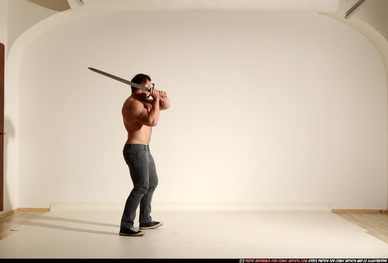 Man Adult Muscular White Fighting with sword Moving poses Casual