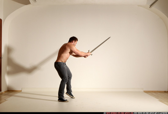 Man Adult Muscular White Fighting with sword Moving poses Casual