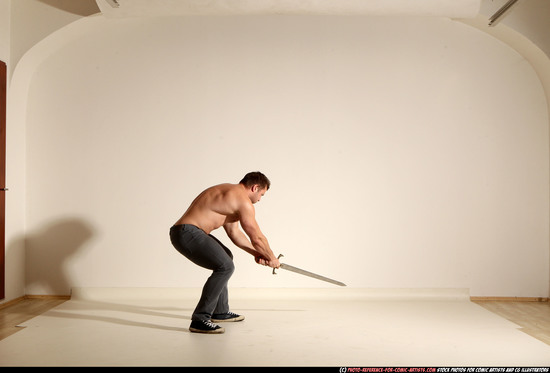 Man Adult Muscular White Fighting with sword Moving poses Casual