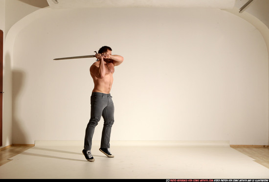 Man Adult Muscular White Fighting with sword Moving poses Casual