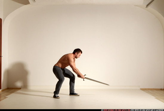 Man Adult Muscular White Fighting with sword Moving poses Casual