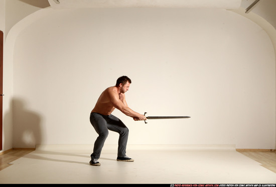 Man Adult Muscular White Fighting with sword Moving poses Casual