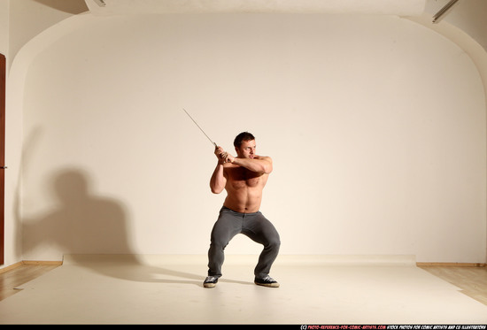 Man Adult Muscular White Fighting with sword Moving poses Casual