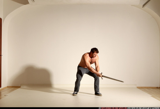 Man Adult Muscular White Fighting with sword Moving poses Casual