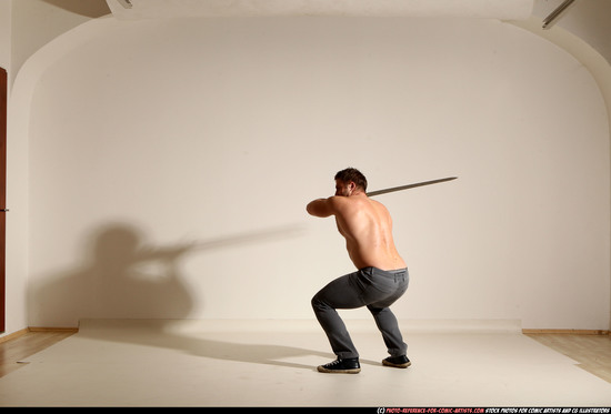 Man Adult Muscular White Fighting with sword Moving poses Casual