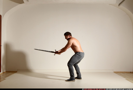 Man Adult Muscular White Fighting with sword Moving poses Casual