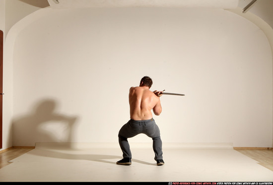 Man Adult Muscular White Fighting with sword Moving poses Casual