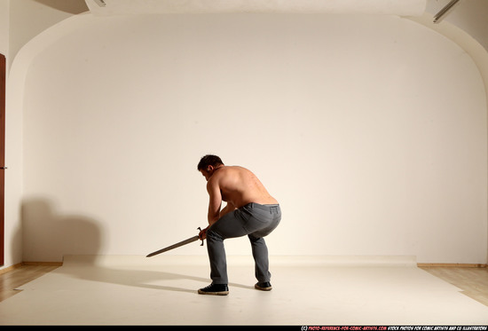 Man Adult Muscular White Fighting with sword Moving poses Casual