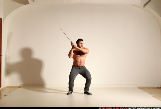 Man Adult Muscular White Fighting with sword Moving poses Casual