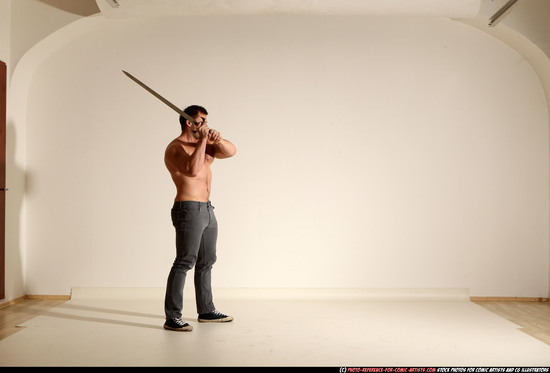 Man Adult Muscular White Fighting with sword Moving poses Casual