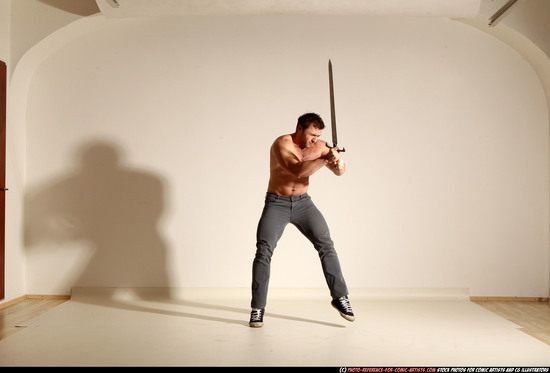 Man Adult Muscular White Fighting with sword Moving poses Casual