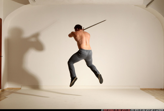 Man Adult Muscular White Fighting with sword Moving poses Casual