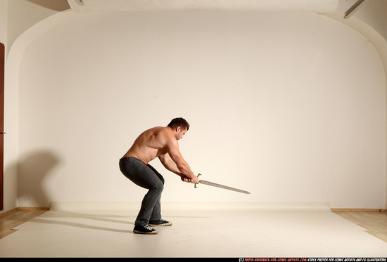 Man Adult Muscular White Fighting with sword Moving poses Casual